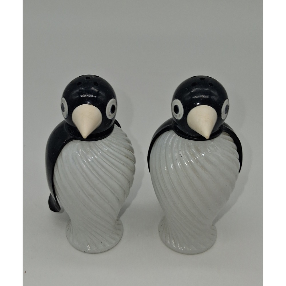 Vintage Penguin Salt and Pepper Shakers Plastic Black White Mid Century 3 Inch